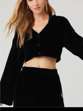 ALO Chenille Yoga Black Cropped Cardigan Wide-Leg Set